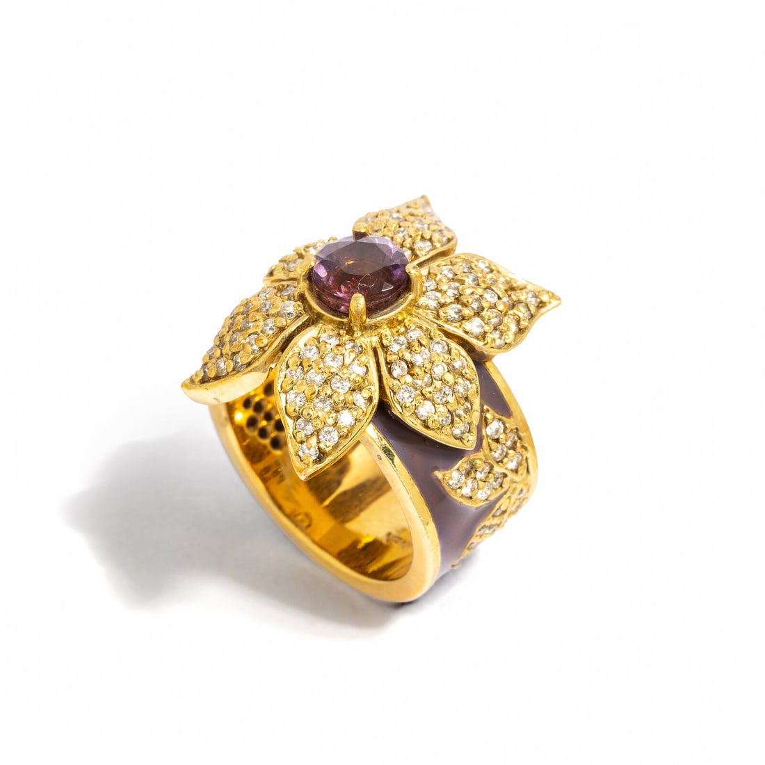 BARRY KRONEN, YELLOW GOLD, DIAMOND, AMETHYST, AND ENAMEL FLOWER RING: BARRY KRONEN, YELLOW GOLD, DIAMOND, AMETHYST, AND ENAMEL FLOWER RING Round amethyst measuring approximately 6.15 x 6.05 mm, purple enamel, and round diamonds weighing approximately 1.10 carats total.
