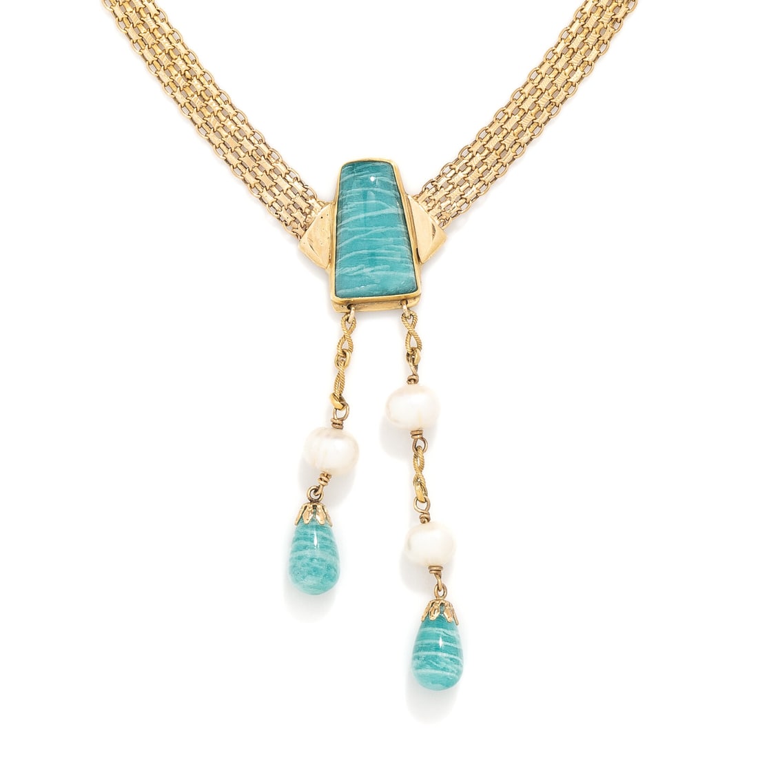 AMAZONITE, CULTURED PEARL, AND YELLOW GOLD NECKLACE: AMAZONITE, CULTURED PEARL, AND YELLOW GOLD NECKLACE Amazonite drops measuring approximately 7.90 mm, trapezoid cabochon amazonite measuring approximately 21.00 x 12.75 mm, and cultured pearls