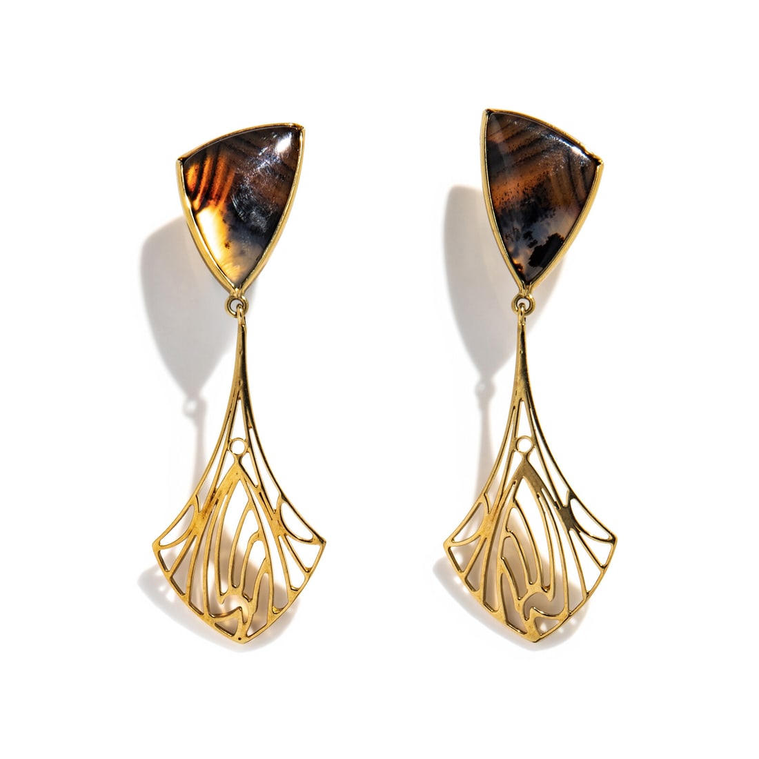 YELLOW GOLD AND AGATE EARRINGS: YELLOW GOLD AND AGATE EARRINGS Agate inlay measuring approximately 25.00 x 15.25 mm. 14 karat yellow gold. 2 3/4 inches long. Stamp: 585. Gross weight: 14.50 dwt. This lot is located in Chicago.