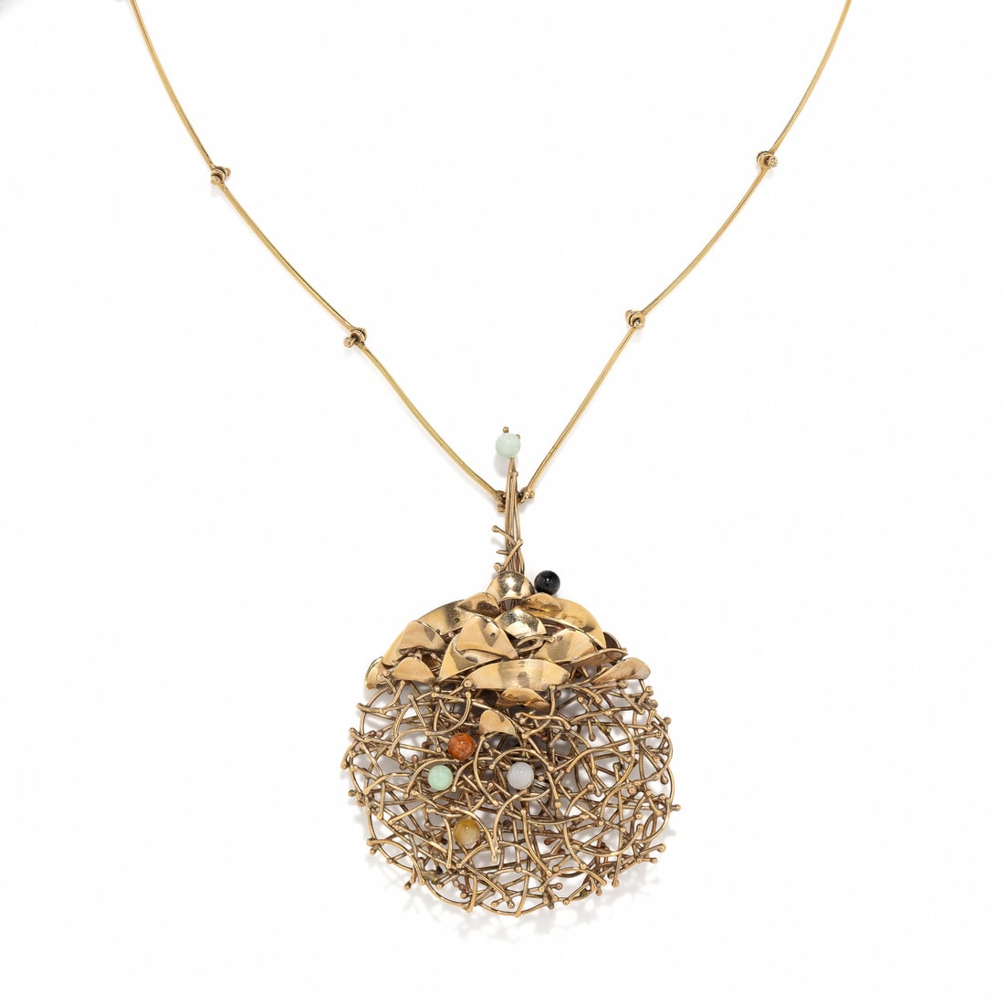 EARL PARDON, YELLOW GOLD AND HARDSTONE PENDANT NECKLACE: EARL PARDON, YELLOW GOLD AND HARDSTONE PENDANT NECKLACE Open wire work pendant with hardstone beads. 14 karat yellow gold. 18 inches long with a 2 1/2 inch drop. Engraved: Pardon 490. Stamp: 14K.