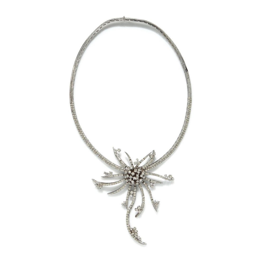 DIAMOND AND WHITE GOLD FLOWER NECKLACE: DIAMOND AND WHITE GOLD FLOWER NECKLACE In a floral design, set with round diamonds weighing approximately 6.25 carats total. Mounted in white gold. 16 inches long. Gross weight: 35.30 dwt. Property