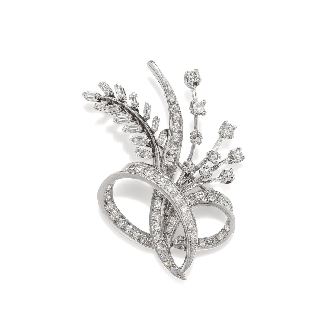 DIAMOND AND WHITE GOLD SPRAY BROOCH: DIAMOND AND WHITE GOLD SPRAY BROOCH Round, square brilliant, baguette, and single cut diamonds weighing approximately 1.85 carats total. White gold. 1 3/4 x 1 1 /4 inches. Gross weight: 6.80 dwt.