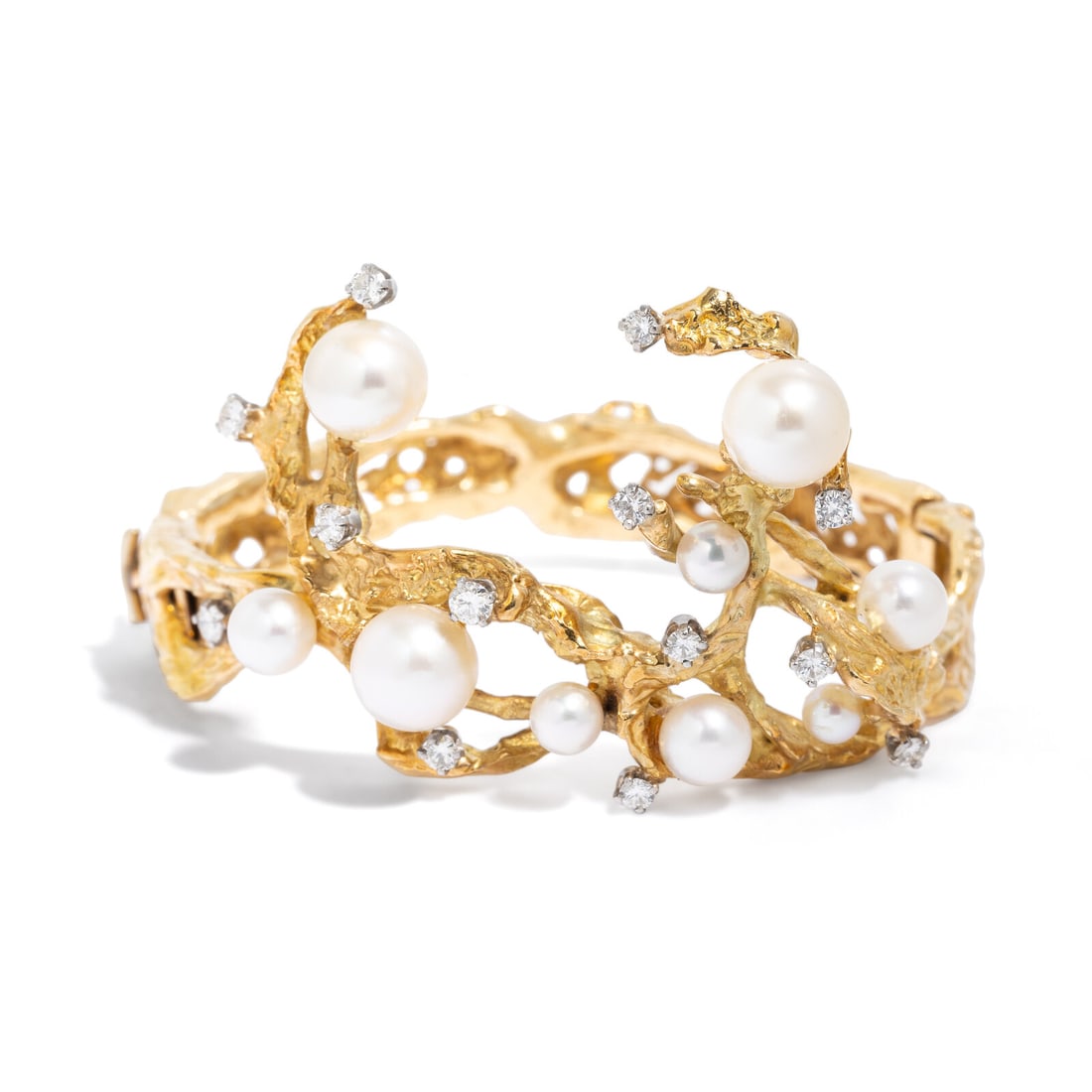 YELLOW GOLD, CULTURED PEARL, AND DIAMOND BRACELET: YELLOW GOLD, CULTURED PEARL, AND DIAMOND BRACELET Set with cultured pearls measuring approximately 4.00 - 8.35 mm and round diamonds weighing approximately 0.80 carat total, hinged with side clasp.