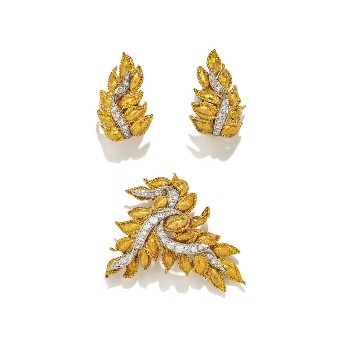 YELLOW GOLD AND DIAMOND BROOCH AND EARRINGS (1 of 2)