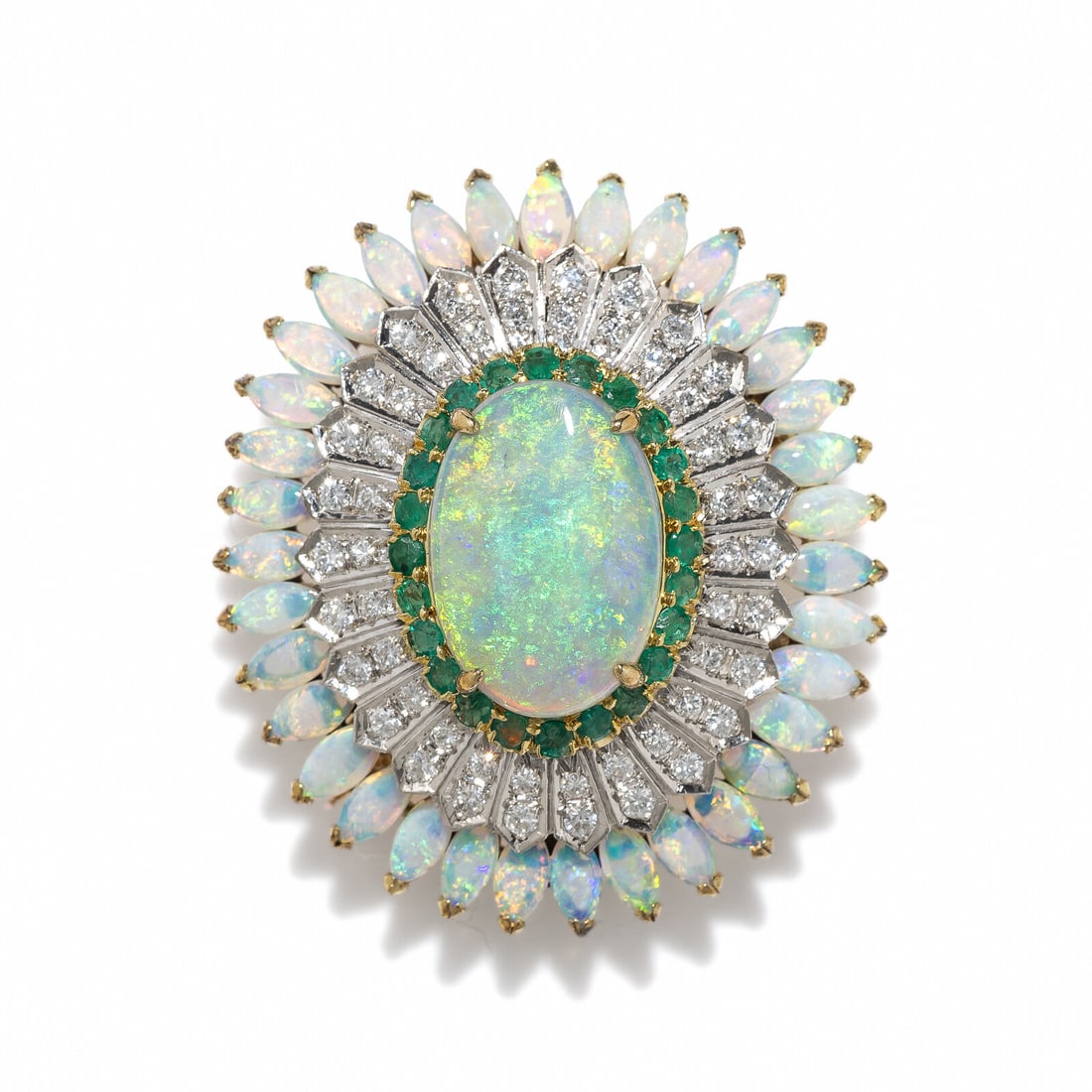 OPAL, DIAMOND AND EMERALD PENDANT BROOCH: OPAL, DIAMOND AND EMERALD PENDANT BROOCH Oval cabochon opal measuring 18.50 x 12.75 mm, surrounded by round emeralds, marquise cabochon opals, and round diamonds weighing approximately 1.00 carat