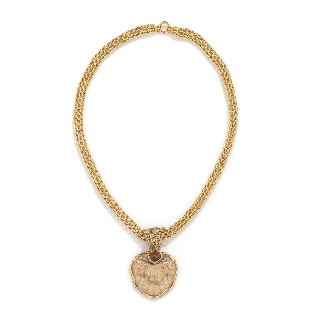 PETRIFIED SAND DOLLAR AND OPAL NECKLACE: PETRIFIED SAND DOLLAR AND OPAL NECKLACE Petrified sand dollar and round cabochon opal. 14 karat yellow gold and low karat gold wire. 17 1/4 inches long with a 1 1/2 inch drop. Chain stamp: 14KT ITALY