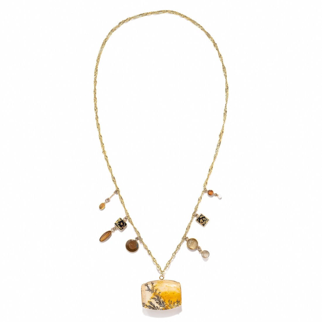 YELLOW GOLD AND MULTIGEM NECKLACE: YELLOW GOLD AND MULTIGEM NECKLACE Dendritic quartz plaque measuring approximately 35.00 x 25.00 x 11.30 mm, and charms variously set with cultured pearls, opal, rutilated quartz, and hardstone.