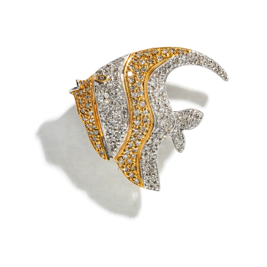 BICOLOR GOLD AND DIAMOND ANGEL FISH BROOCH: BICOLOR GOLD AND DIAMOND ANGEL FISH BROOCH Pavé-set round diamonds weighing approximately 0.95 carat total. 14 karat yellow and white gold. 1 1/4 x 1 1/8 inches. Stamp: 585. Gross weight: 5.90