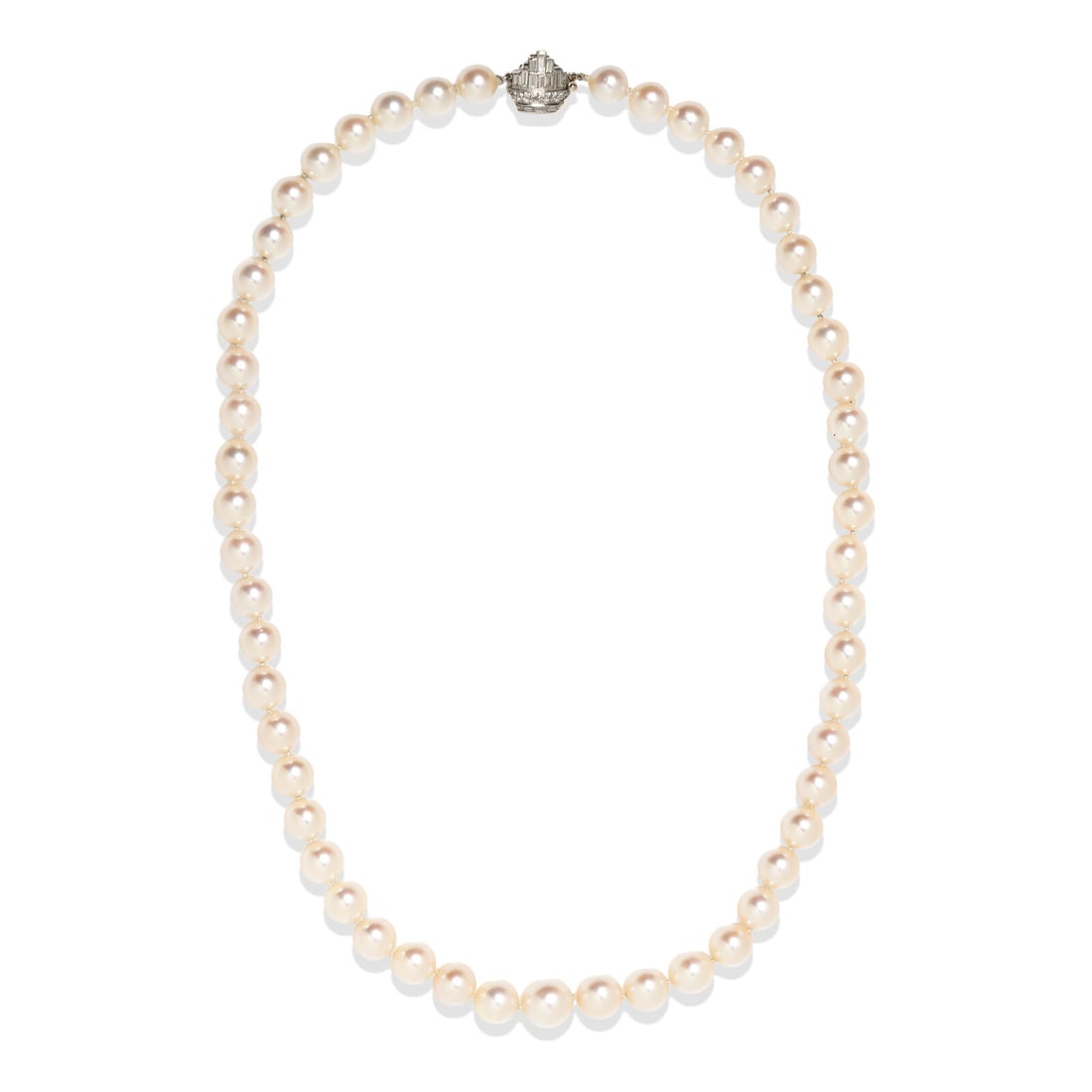 CULTURED AKOYA PEARL NECKLACE WITH DIAMOND CLASP: CULTURED AKOYA PEARL NECKLACE WITH DIAMOND CLASP Graduating cultured akoya pearls measuring 7.94 - 10.32 mm, with a platinum clasp set with baguette and single cut diamonds. 19 5/8 inches long. Gross
