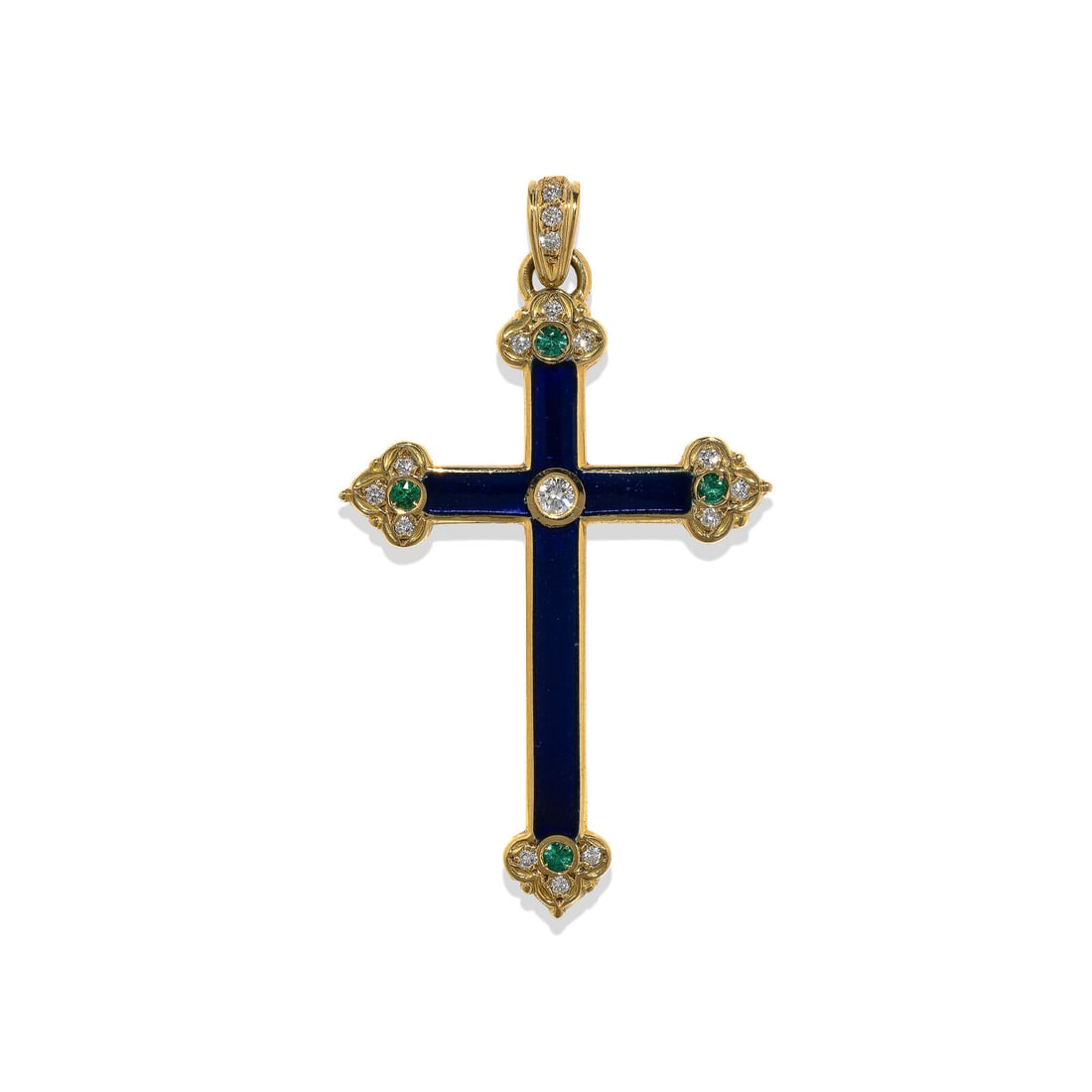 FABERGÉ, DIAMOND, EMERALD, AND ENAMEL CROSS PENDANT: FABERGÉ, DIAMOND, EMERALD, AND ENAMEL CROSS PENDANT Blue enamel, round diamonds, and round emeralds. 18 karat yellow gold. 2 inches long. Stamp: FABERGE 86/300 750. Gross weight: 4.25 dwt.