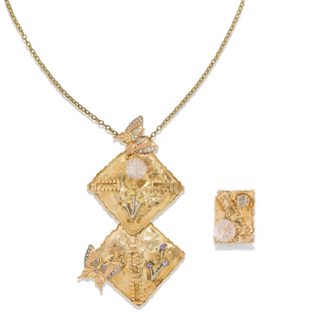 TRICOLOR GOLD PENDANT NECKLACE AND RING: TRICOLOR GOLD PENDANT NECKLACE AND RING Including a necklace with variously colored glass, and a ring set with round pink glass and a round diamond weighing approximately 0.60 carat. Handmade