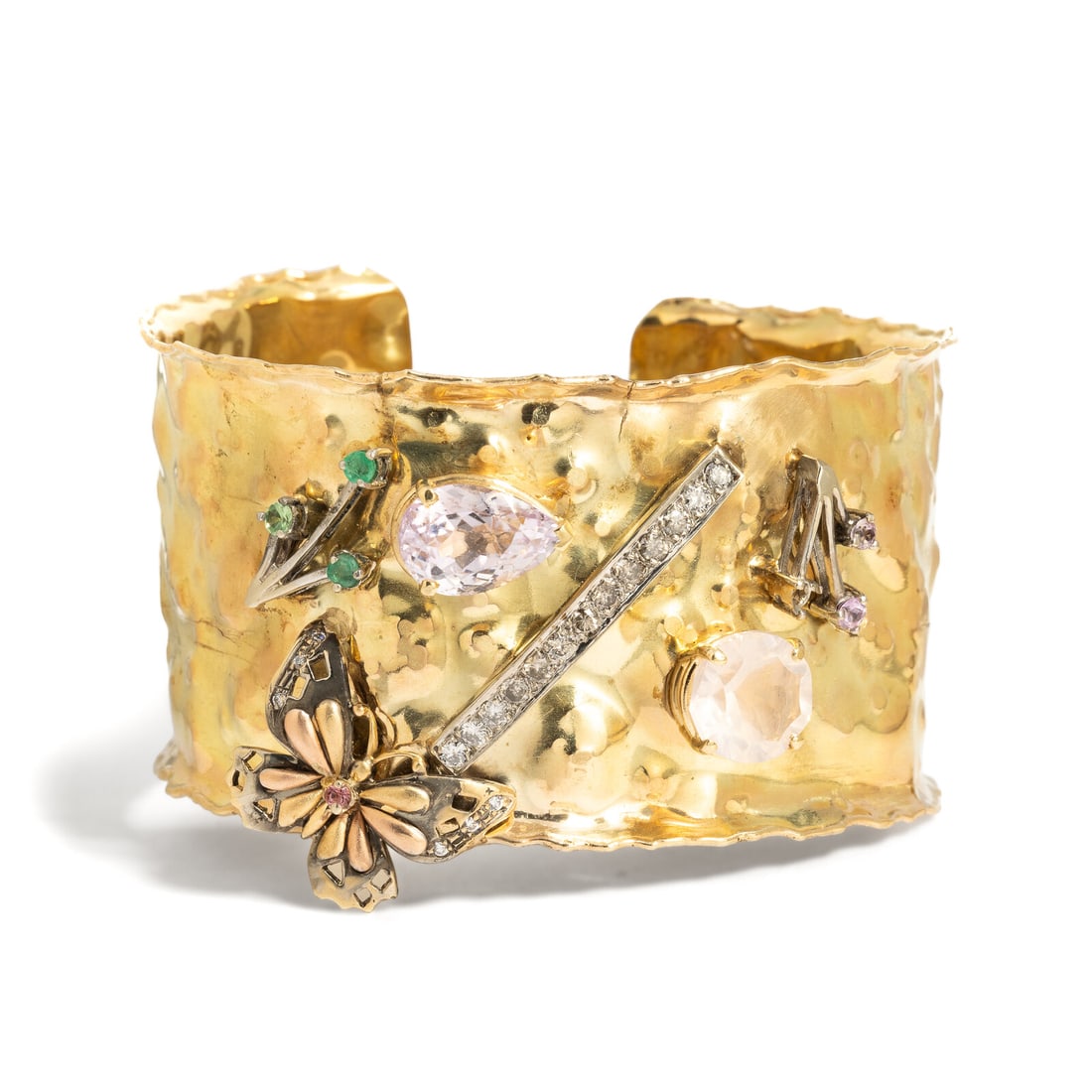 MULTIGEM AND YELLOW GOLD CUFF BRACELET: MULTIGEM AND YELLOW GOLD CUFF BRACELET Various gemstones including pear shape kunzite, pink and green round stones, round pink glass, and round brown diamonds (origin of color not tested). 14 karat