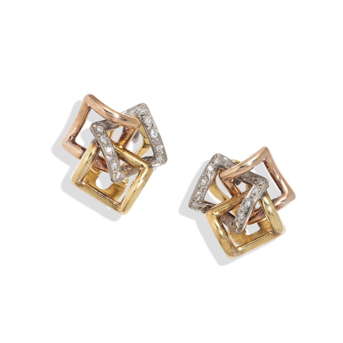 TRICOLOR GOLD AND DIAMOND EARRINGS: TRICOLOR GOLD AND DIAMOND EARRINGS Single cut diamonds. 18 karat yellow, rose, and white gold. 3/4 inch. Stamp: 18K. Gross weight: 6.85 dwt. Property of a Florida Collector This lot is located in