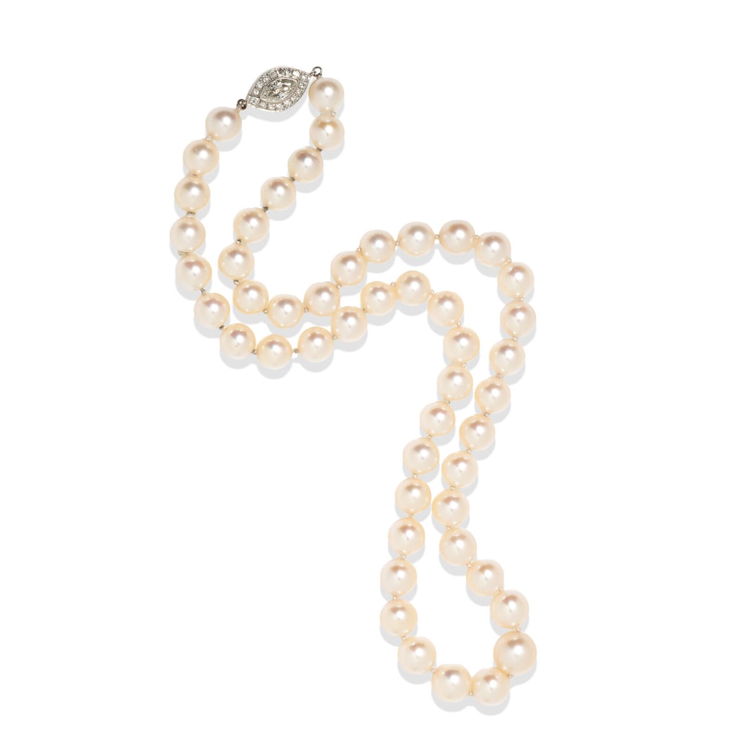 CULTURED AKOYA PEARL NECKLACE WITH DIAMOND CLASP: CULTURED AKOYA PEARL NECKLACE WITH DIAMOND CLASP Graduating cultured akoya pearls measuring 8.11 - 10.30 mm, with a platinum clasp set with a marquise cut diamond weighing approximately 0.60 carat and