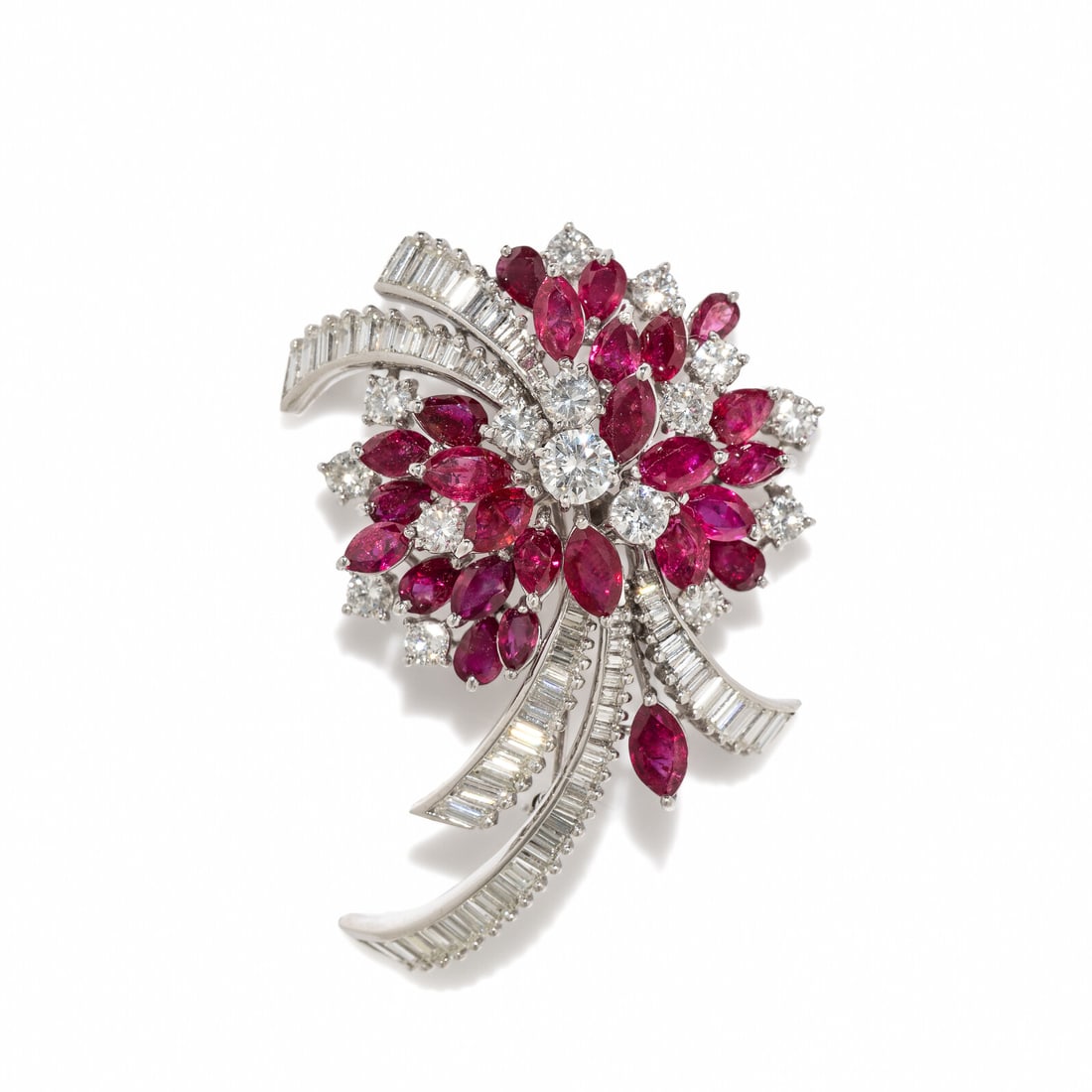 GLASS-FILLED RUBY AND DIAMOND FLOWER BROOCH (1 of 2)