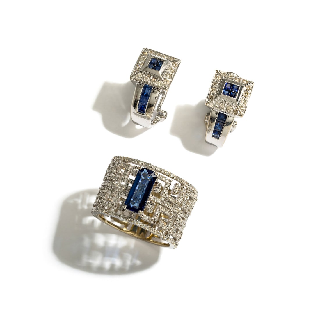 WHITE GOLD, SAPPHIRE, AND DIAMOND RING AND EARRINGS (1 of 4)