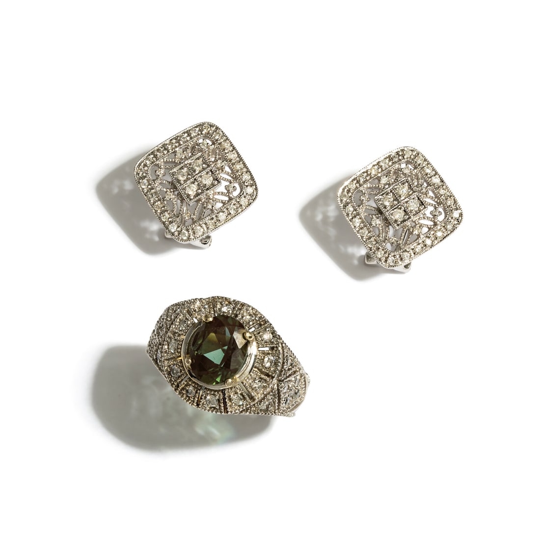 WHITE GOLD AND DIAMOND EARRINGS AND LABRADORITE RING: WHITE GOLD AND DIAMOND EARRINGS AND LABRADORITE RING Including a pair of earrings set with round diamonds weighing approximately 0.50 carat total, and a ring set with an oval labradorite measuring app