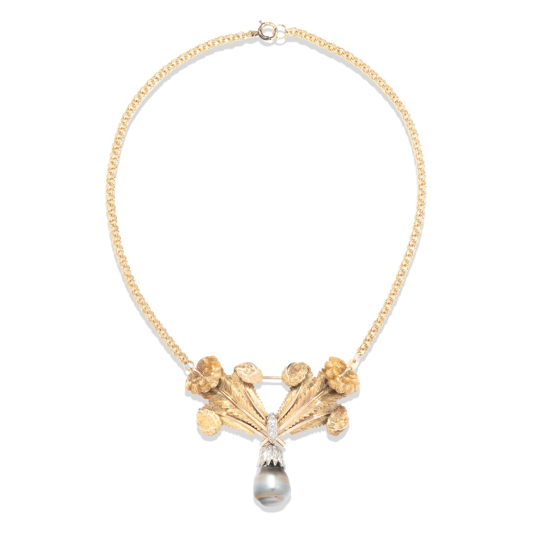 CONVERTIBLE ROSE GOLD, DIAMOND, AND GREY CULTURED PEARL PENDANT BROOCH NECKLACE (1 of 3)