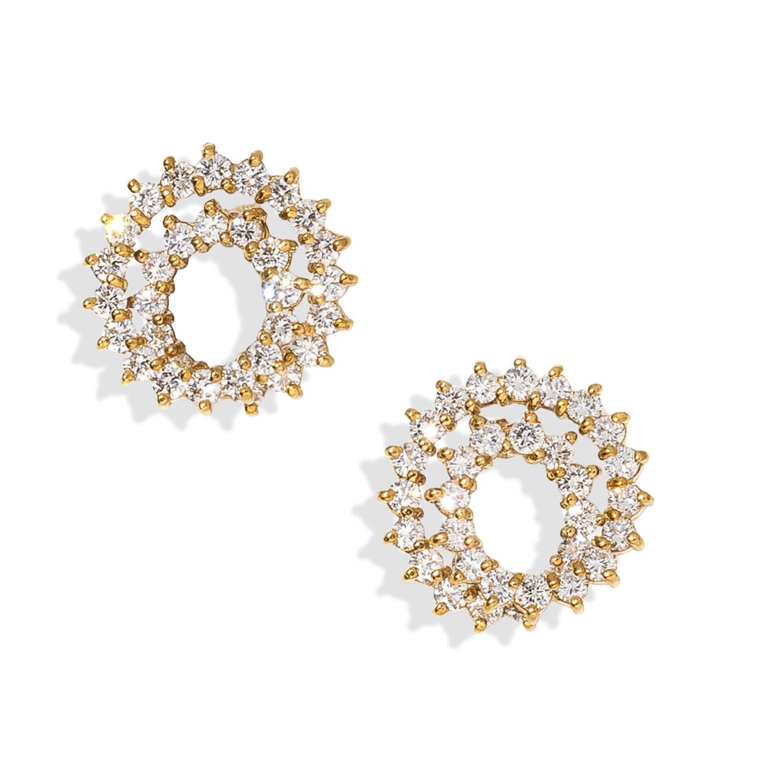 YELLOW GOLD AND DIAMOND SWIRL EARRING: YELLOW GOLD AND DIAMOND SWIRL EARRING Round diamonds weighing approximately 1.85 carats total. 18 karat yellow gold. 5/8 inch long. Stamp: 18K. Gross weight: 4.90 dwt. Property of an Atlanta Collector