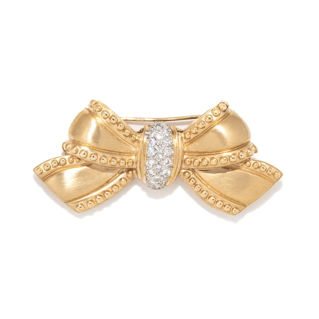 SATIN FINISH YELLOW GOLD & DIAMOND BOW BROOCH: SATIN FINISH YELLOW GOLD & DIAMOND BOW BROOCH Round diamonds weighing approximately 0.60 carat. 14 karat satin finish yellow gold and white gold. 2 1/4 inches x 1 inch. Stamp: 14K. Gross weight: 1