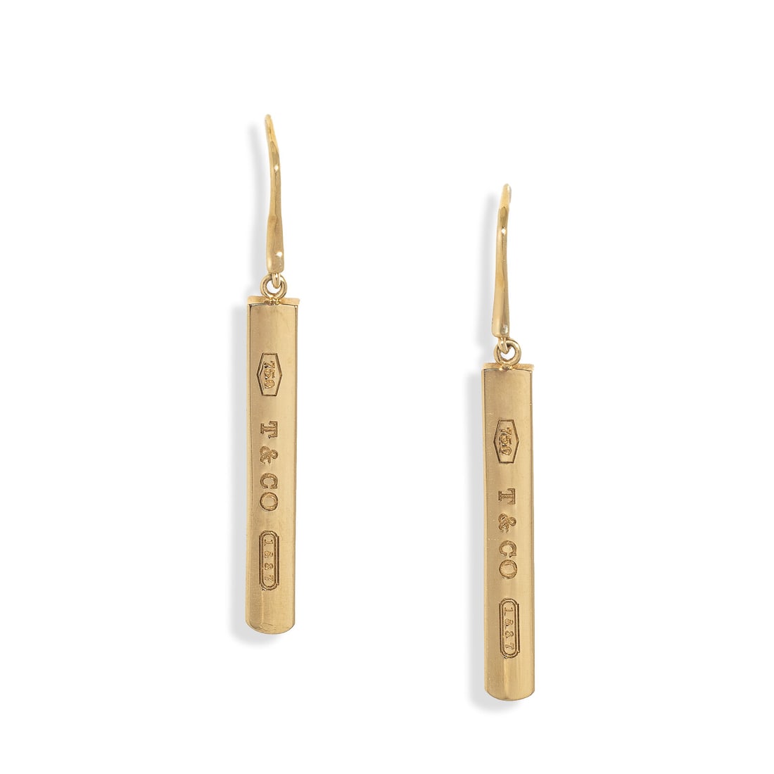 TIFFANY & CO., YELLOW GOLD '1837' EARRINGS: TIFFANY & CO., YELLOW GOLD '1837' EARRINGS 18 karat yellow gold. 1 7/8 inches long. Stamp: 750 T&CO. 1837 2003 TIFFANY & CO. 750. Gross weight: 6.10 dwt. Accompanied by a Tiffany & Co.