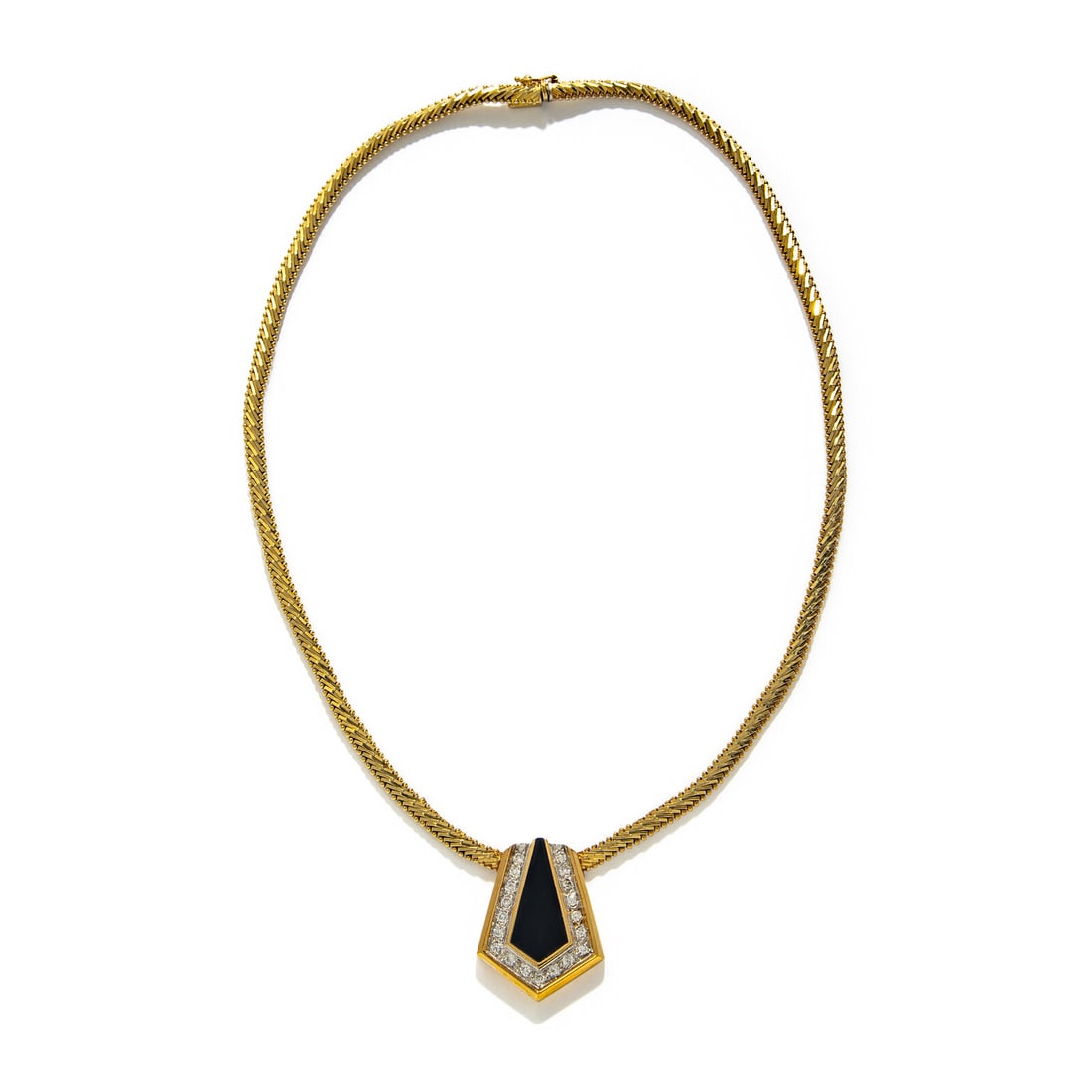 YELLOW GOLD, ONYX, AND DIAMOND NECKLACE: YELLOW GOLD, ONYX, AND DIAMOND NECKLACE Black onyx inlay and round brilliant cut diamonds weighing approximately 0.90 carat. 14 karat yellow and white gold. 17 inches long with a 1 inch drop. Stamp: 5