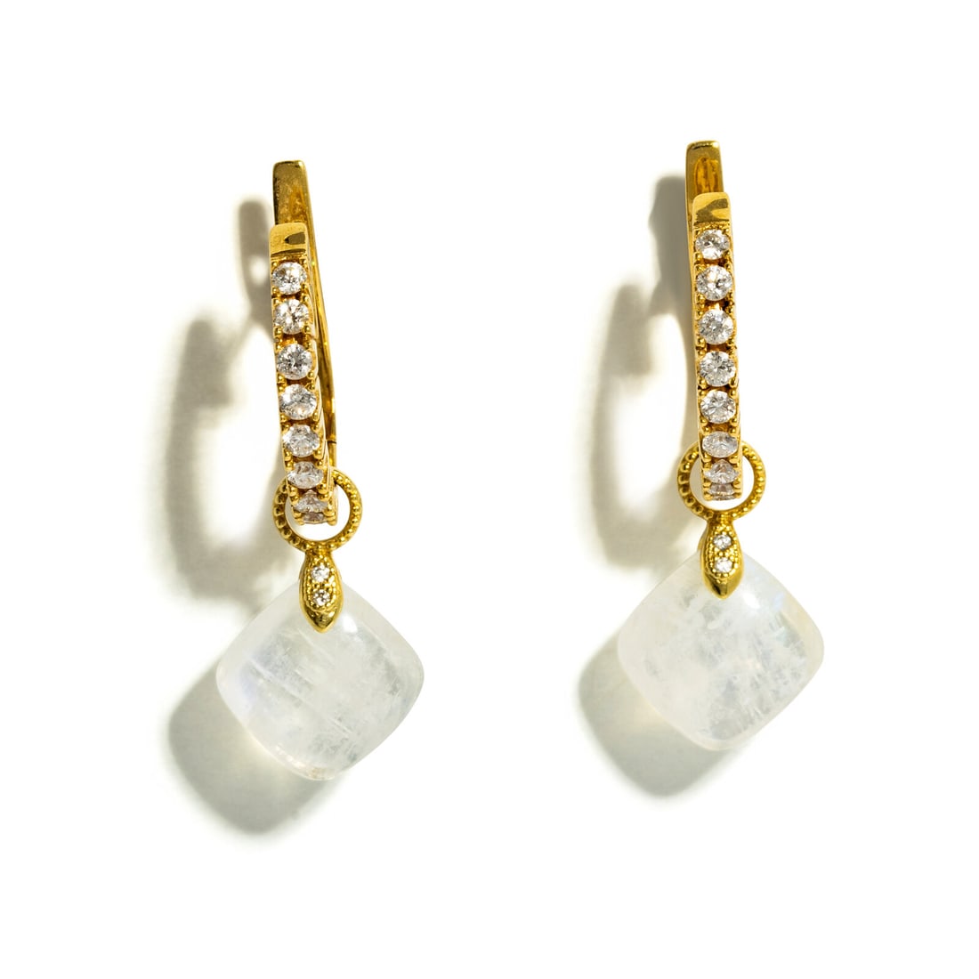 YELLOW GOLD AND DIAMOND HOOP EARRINGS WITH MOONSTONE AND MOTHER-OF-PEARL DETACHABLE DROPS: YELLOW GOLD AND DIAMOND HOOP EARRINGS WITH MOONSTONE AND MOTHER-OF-PEARL DETACHABLE DROPS Including a pair of earrings set with round diamonds weighing approximately 0.54 carat total, and two pairs of