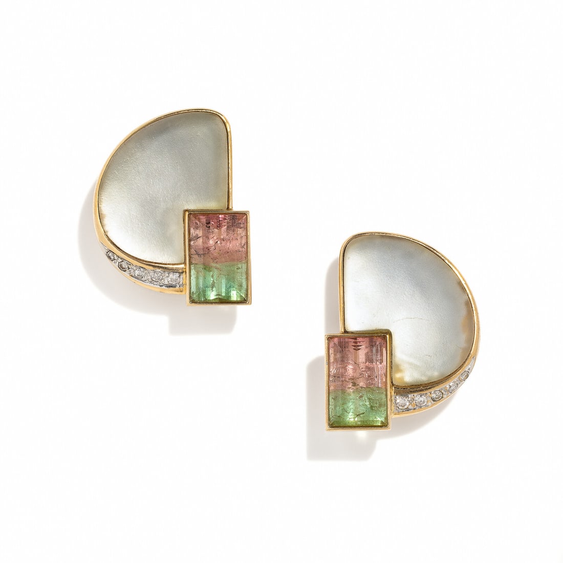 WATERMELON TOURMALINE, MOTHER-OF-PEARL, AND DIAMOND EARRINGS: WATERMELON TOURMALINE, MOTHER-OF-PEARL, AND DIAMOND EARRINGS Rectangular step cut watermelon tourmaline weighing approximately 6.60 carats by formula, frosted crystal-topped mother-of-pearl, and round