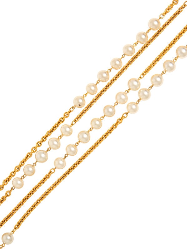 Chanel, Double-Strand Necklace: Chanel, Double-Strand Necklace Layered double-strand necklace in gold-tone metal chain and Gripoix pearl beads. Spring-loaded clasp closure. Stamped with maker's marks at hanging tags. Label: