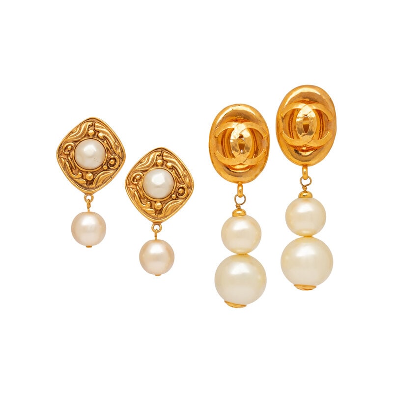 Chanel, Two Pairs of Gripoix Pearl Drop Ear Clips: Chanel, Two Pairs of Gripoix Pearl Drop Ear Clips THE FIRST Pair of diamond-shaped ear clips in gold-tone metal with Gripoix pearl settings & dangling beads. Standard ear clip bac