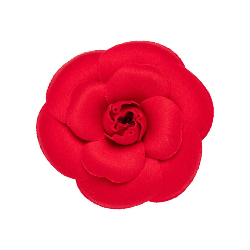 Chanel, Red Silk Camellia Brooch: Chanel, Red Silk Camellia Brooch Camellia flower brooch in stiffened red silk satin. Standard pin back; tag stamped with maker's mark at back. Label: Chanel Date: 1980's-1990's Country of Origin: