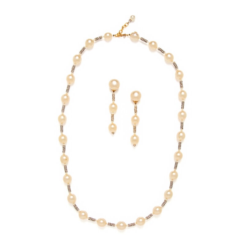Chanel, Gripoix Pearl & Rhinestone Necklace and Ear Clips Set - 2