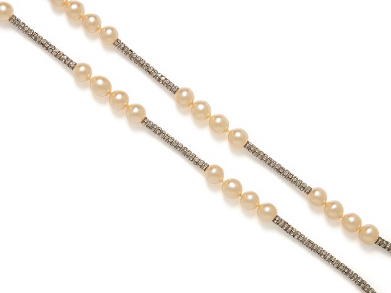 Chanel, Gripoix Pearl & Rhinestone Necklace: Chanel, Gripoix Pearl & Rhinestone Necklace Necklace in silver-tone metal with Gripoix pearl beads and rhinestone-studded beads. Toggle closure. Stamped with maker's mark at back of Gripoix