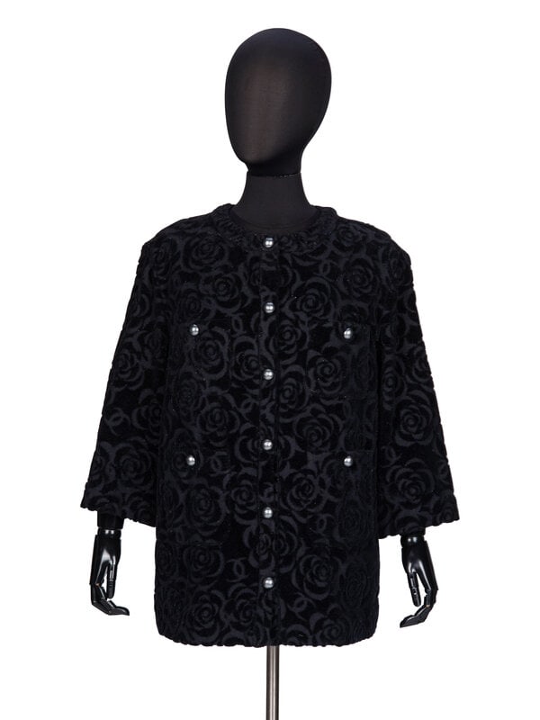 Chanel, Black Cut Terrycloth Jacket: Chanel, Black Cut Terrycloth Jacket Oversized boxy cardigan jacket in black & glittery silver cotton-blend cut terrycloth, with an all-over camellia pattern. Round neckline. Three-quar