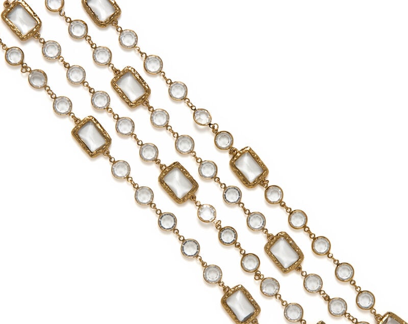 Chanel, Glass Sautoir, 1981 : Chanel, Glass Sautoir, 1981 Long sautoir in gold-tone metal and clear cut glass. No closures. Stamped with maker's mark at hanging tag.Label: ChanelDate: 1981Countr