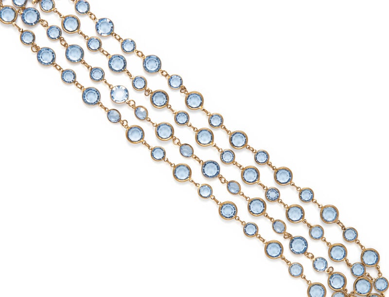 Chanel, Blue Glass Sautoir, 1981 : Chanel, Blue Glass Sautoir, 1981 Long sautoir in gold-tone metal and blue cut glass. No closures. Stamped with maker's mark at hanging tag.Label: ChanelDate: 1981Co