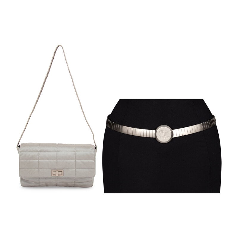 Chanel, Silver Nylon Flap Bag & Matching Belt: Chanel, Silver Nylon Flap Bag & Matching Belt THE FIRST Flap bag in metallic silver nylon with rectangular quilting and brushed silver-tone hardware. Mademoiselle turn-lock closure and flat