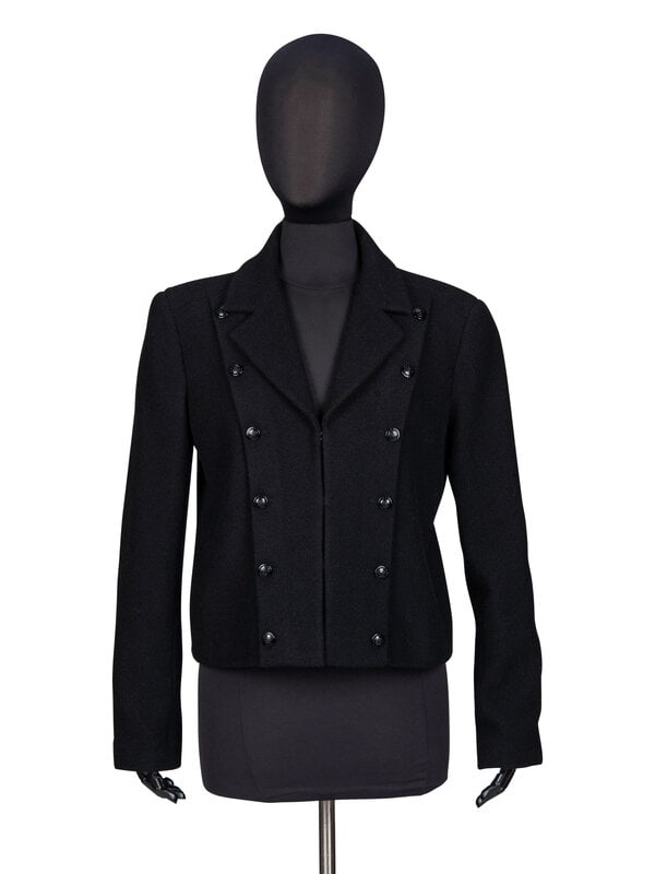 Chanel, Cropped Tweed Jacket: Chanel, Cropped Tweed Jacket Cropped jacket in black wool-blend bouclé tweed. Notched lapels. Light padding at shoulders. Full-length set-in sleeves with working button closures at cuf