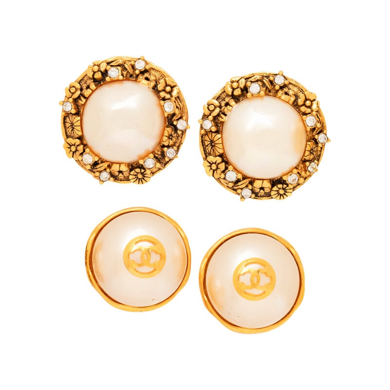 Chanel, Two Pairs of Gripoix Pearl Ear Clips: Chanel, Two Pairs of Gripoix Pearl Ear Clips THE FIRSTPair of ear clips in gold-tone metal with Gripoix pearl and rhinestone settings. Standard ear clip backs. Stamped with maker's ma