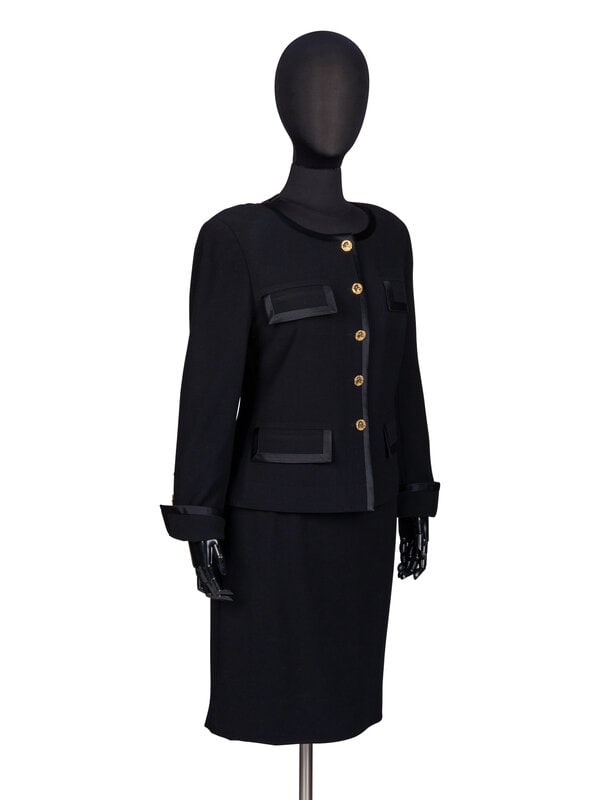 Chanel, Black Wool Skirt Suit Trimmed in Satin  - 2