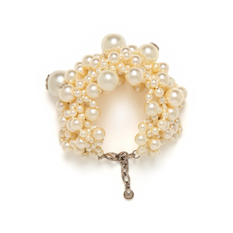 Chanel, Stacked Gripoix Pearl Bracelet: Chanel, Stacked Gripoix Pearl Bracelet Stacked bracelet of silver-tone metal and Gripoix pearl beads of various sizes; some with metal CC embellishments. Lobster clasp closure. Label: Chanel Date: