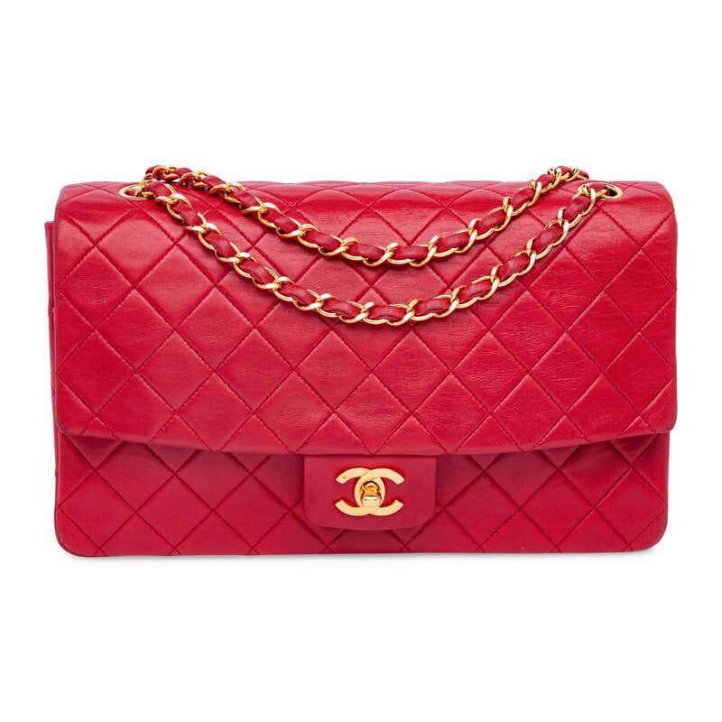 Chanel, Red Classic Flap Bag: Chanel, Red Classic Flap Bag Classic Flap shoulder bag in matelassé red lambskin leather with 24k gold-plated hardware. CC turn-lock closure and interwoven metal-leather chain strap. Label: