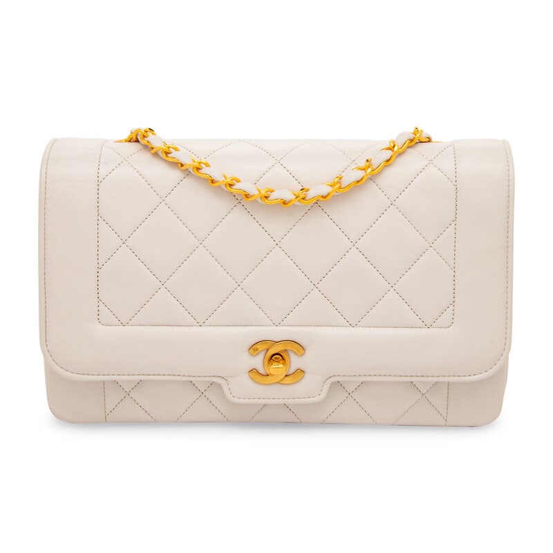 Chanel, Medium White Diana Flap Bag: Chanel, Medium White Diana Flap Bag Medium Diana flap bag in quilted white calfskin leather with 24k gold-plated hardware. CC turn-lock closure and interwoven leather-metal chain strap. Label: