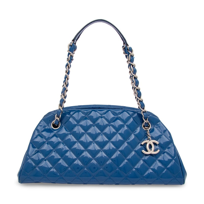 Chanel, Blue Patent Leather Bowling Bag: Chanel, Blue Patent Leather Bowling Bag Bowling bag in quilted dark blue patent leather. Open top and interwoven leather-metal chain straps. Label: Chanel Serial Code: 176094327 Date: 2012 Country