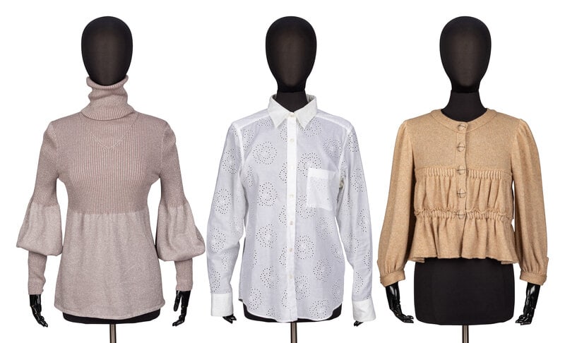 Chanel, Three Tops: Chanel, Three Tops THE FIRSTCardigan in beige wool/nylon stretch-blend knit. Round, collarless neckline. Wrist-length puff sleeves with gathering at cuffs; snap closures at cuffs. Tie