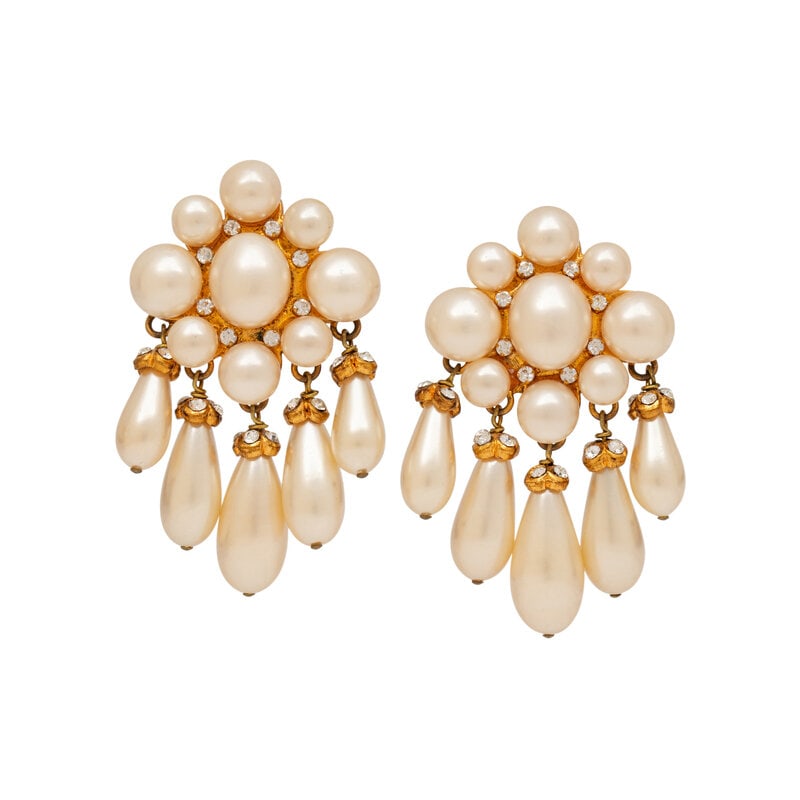 Chanel, Gripoix Pearl Chandelier Ear Clips: Chanel, Gripoix Pearl Chandelier Ear Clips Pair of chandelier ear clips in gold-tone metal with Gripoix pearl beads and rhinestones. Standard ear clip backs. Stamped with maker's marks at back. 
