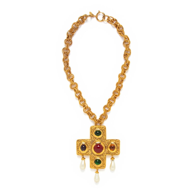 Chanel, Important Gripoix Byzantine Cross Pendant Necklace/Brooch: Chanel, Important Gripoix Byzantine Cross Pendant Necklace/Brooch Pendant brooch as seen on model Claudia Schiffer in the Fall/Winter 1990 Haute Couture collection by Karl Lagerfeld for Chanel. 