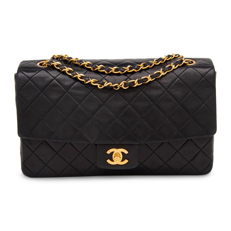 Chanel, Black Classic Flap Bag: Chanel, Black Classic Flap Bag Medium Classic Flap shoulder bag in matelassé black lambskin leather with 24k gold-plated hardware. CC turn-lock closure and interwoven metal-leather chain