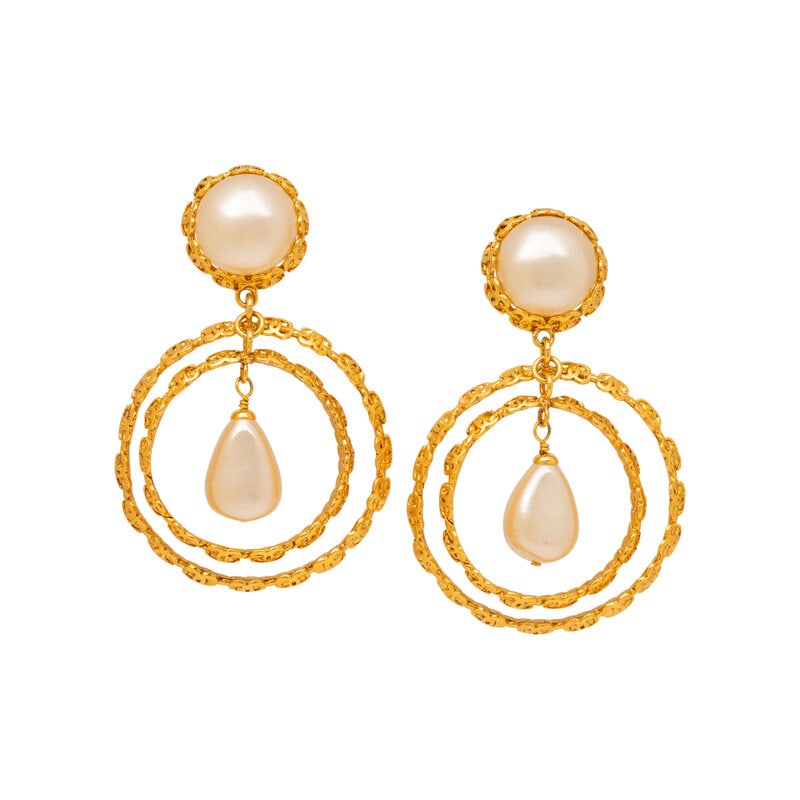 Chanel, Teardrop & Hoop Ear Clips: Chanel, Teardrop & Hoop Ear Clips Pair of teardrop/dangling hoop ear clips in gold-tone metal with Gripoix pearl beads. Standard ear clip backs. Stamped with maker's marks at back. Label: