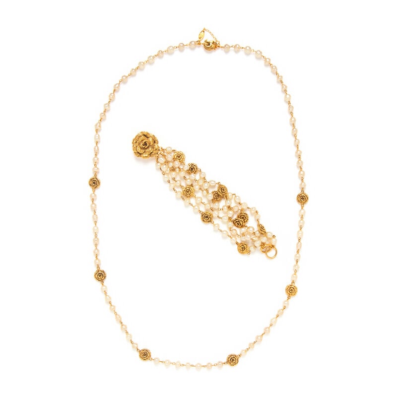 Chanel, Camellia & Gripoix Pearl Necklace and Bracelet Set: Chanel, Camellia & Gripoix Pearl Necklace and Bracelet Set THE FIRST Layered-strand bracelet in gold-tone metal with Gripoix pearl and metal camellia coin beads. Hook closure. Stamped with